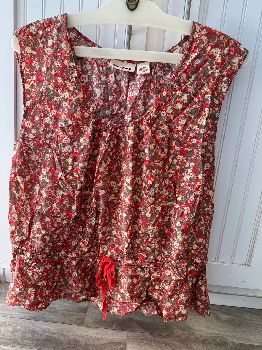 Blouse W SZ 14/16S DKNY Capped Sleeves Tie Waist Floral Lightweight Casual